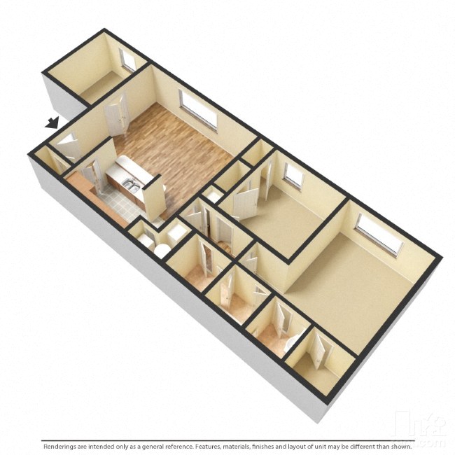 Floor plan for 2 beds, 1.5 baths, 885 sqft