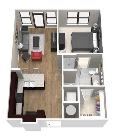 Floor plan for 1 bed, 1 bath, 621 sqft