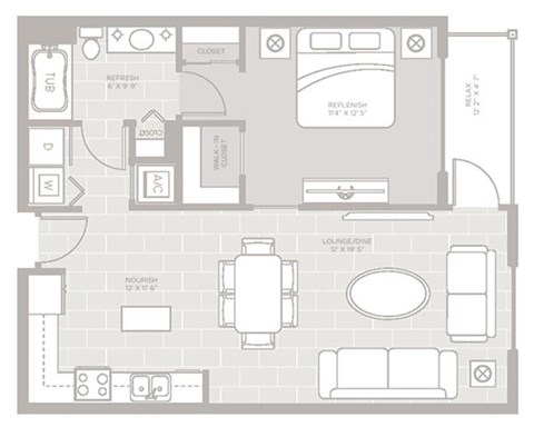 Floor plan for 1 bed, 1 bath, 757 sqft
