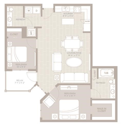 Floor plan for 2 beds, 1.5 baths, 1003 sqft