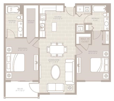 Floor plan for 2 beds, 2 baths, 1108 sqft