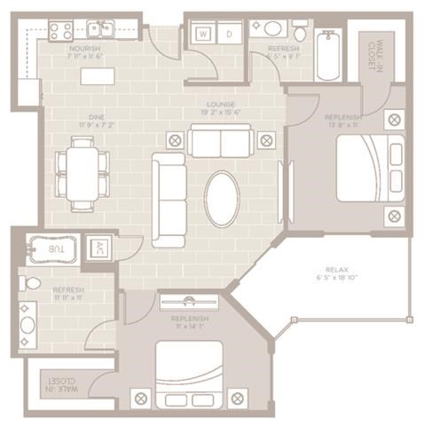 Floor plan for 2 beds, 2 baths, 1203 sqft