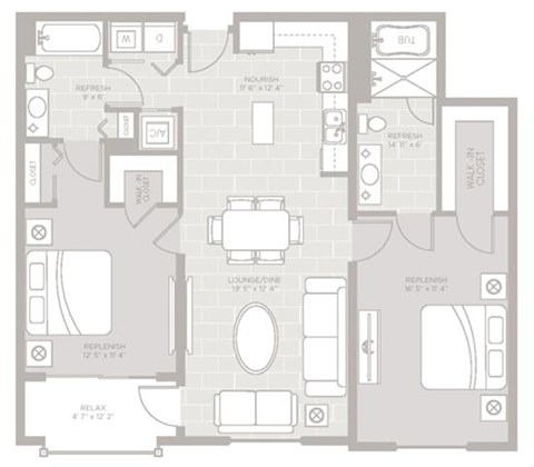 Floor plan for 2 beds, 2 baths, 1163 sqft