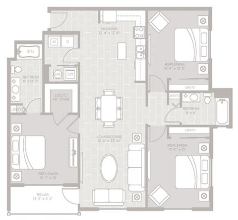 Floor plan for 3 beds, 2 baths, 1449 sqft