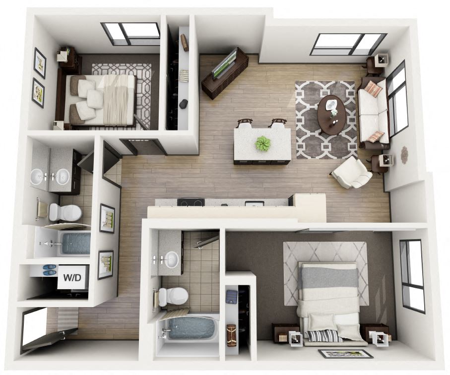 Floor plan for 2 beds, 2 baths, 956 sqft