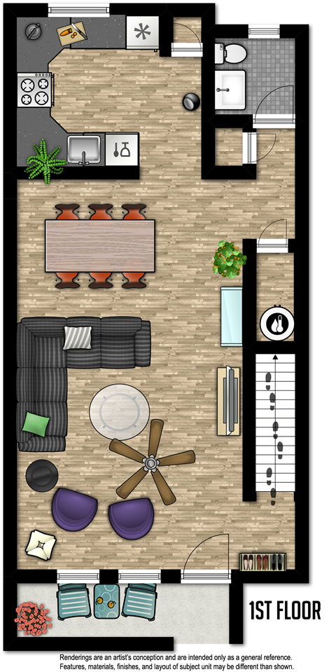 Floor plan for 2 beds, 1.5 baths, 1030 sqft