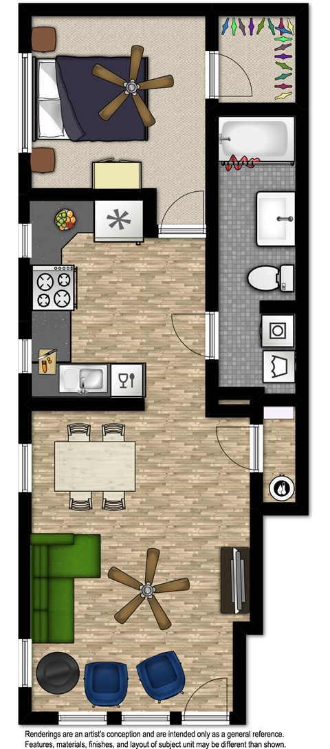 Floor plan for 1 bed, 1 bath, 664 sqft