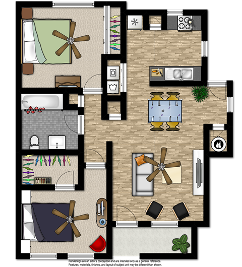 Floor plan for 2 beds, 1 bath, 934 sqft