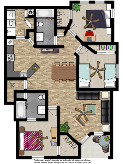 Floor plan for 3 beds, 2 baths, 1188 sqft