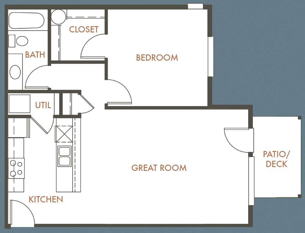 Floor plan for 1 bed, 1 bath, 726 sqft