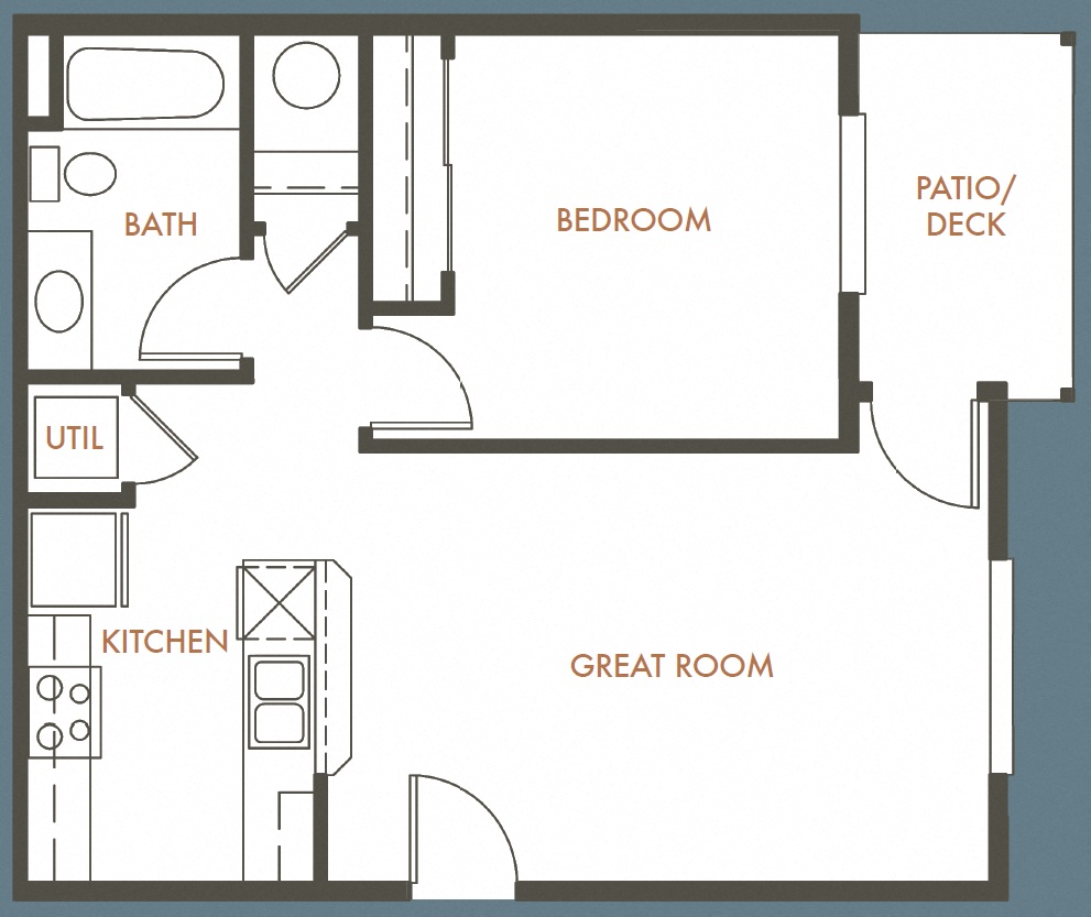 Floor plan for 1 bed, 1 bath, 591 sqft