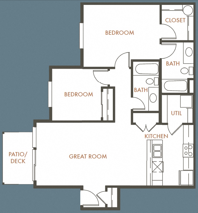 Floor plan for 2 beds, 2 baths, 936 sqft