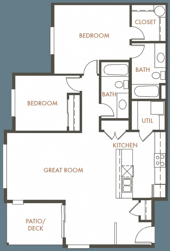 Floor plan for 2 beds, 2 baths, 1012 sqft