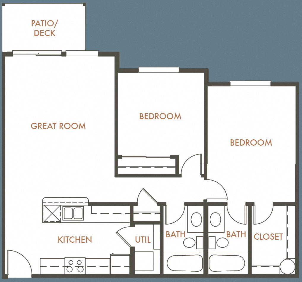 Floor plan for 2 beds, 2 baths, 885 sqft