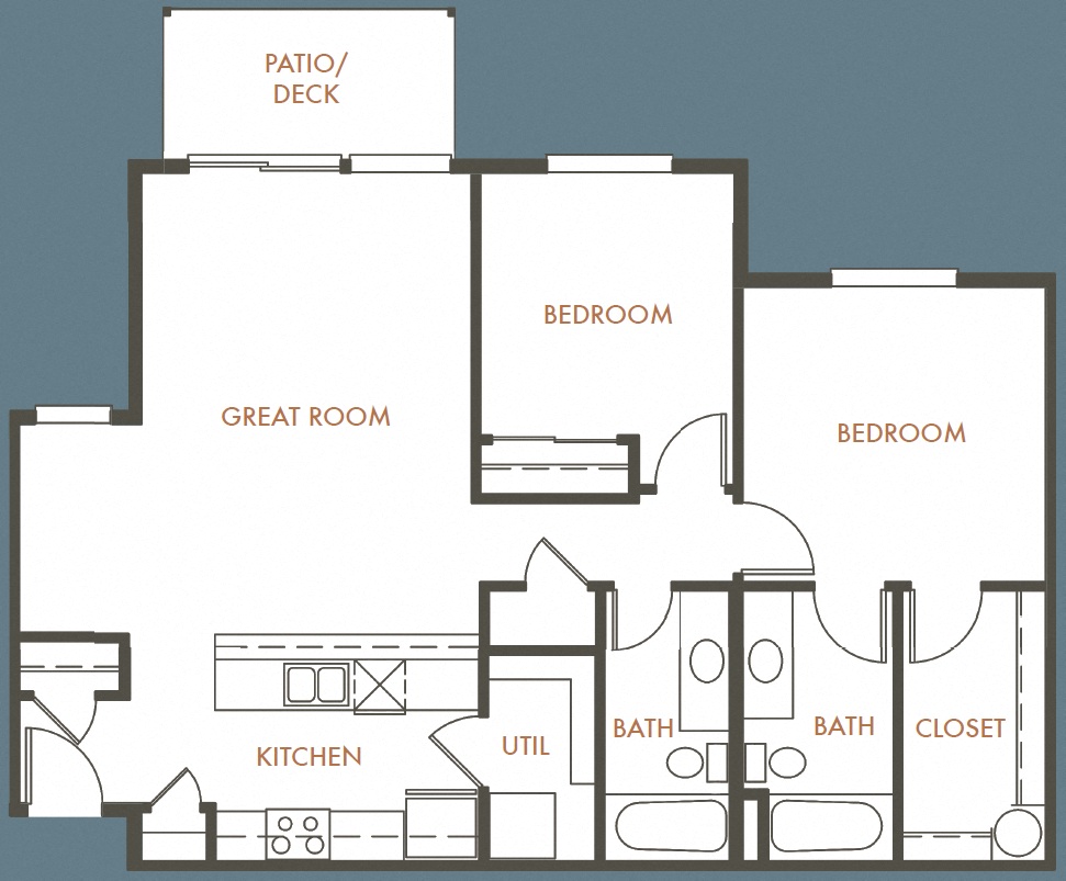 Floor plan for 2 beds, 2 baths, 988 sqft