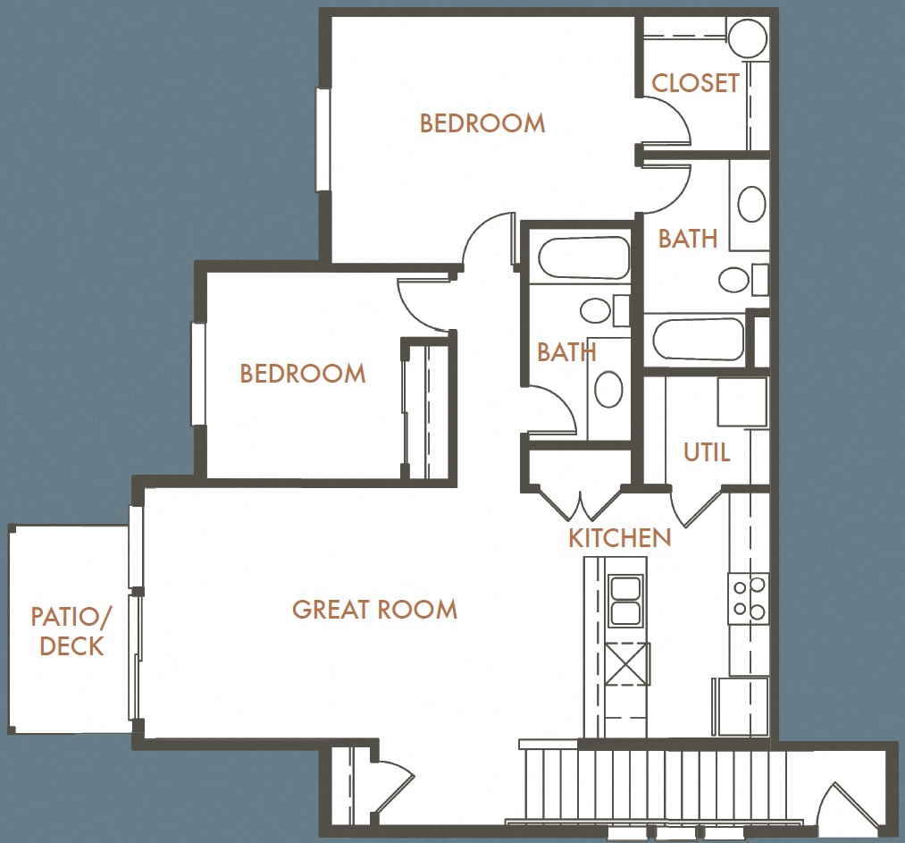 Floor plan for 2 beds, 2 baths, 1026 sqft
