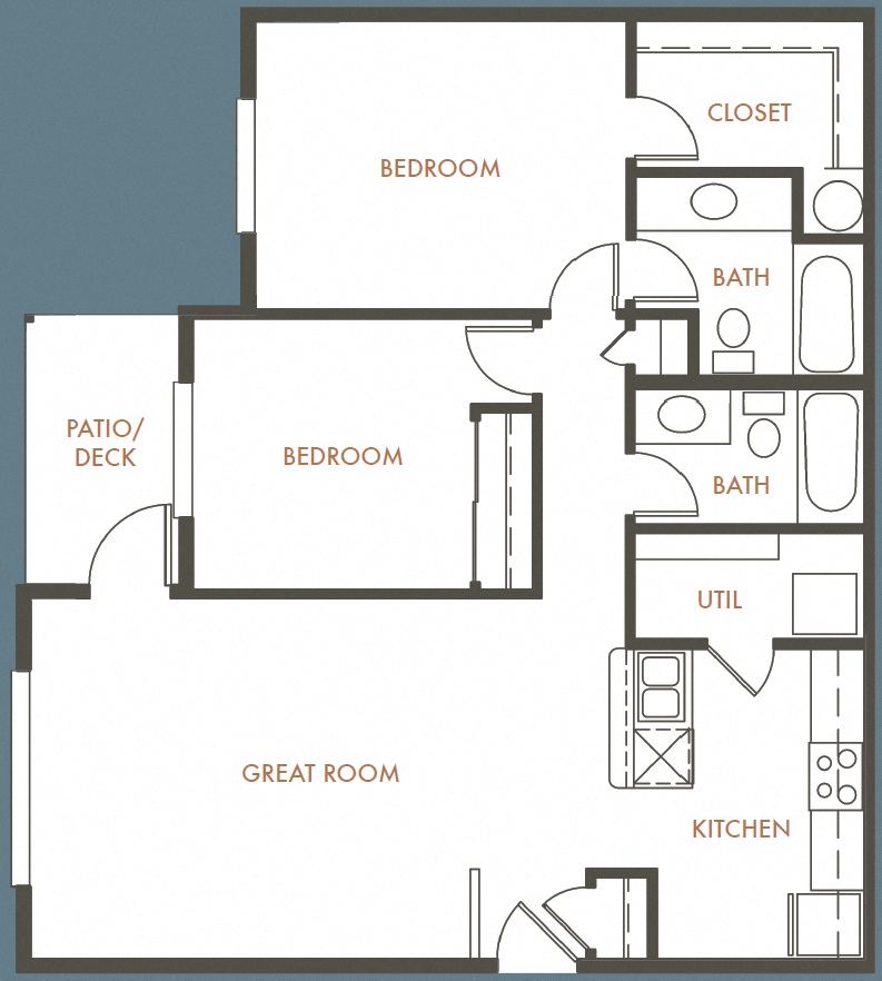 Floor plan for 2 beds, 2 baths, 939 sqft