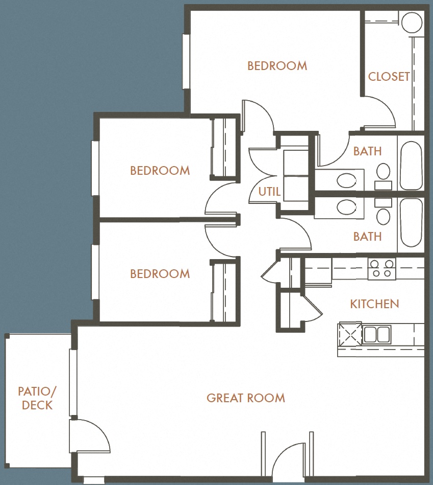 Floor plan for 3 beds, 2 baths, 1181 sqft