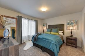 Renton apartment for rent - Master Bedroom with Kings Sized Mattress with Blue and Gray Comforter, Carpet, Wood Dressers with Lamp and Clock on top, and Open Window