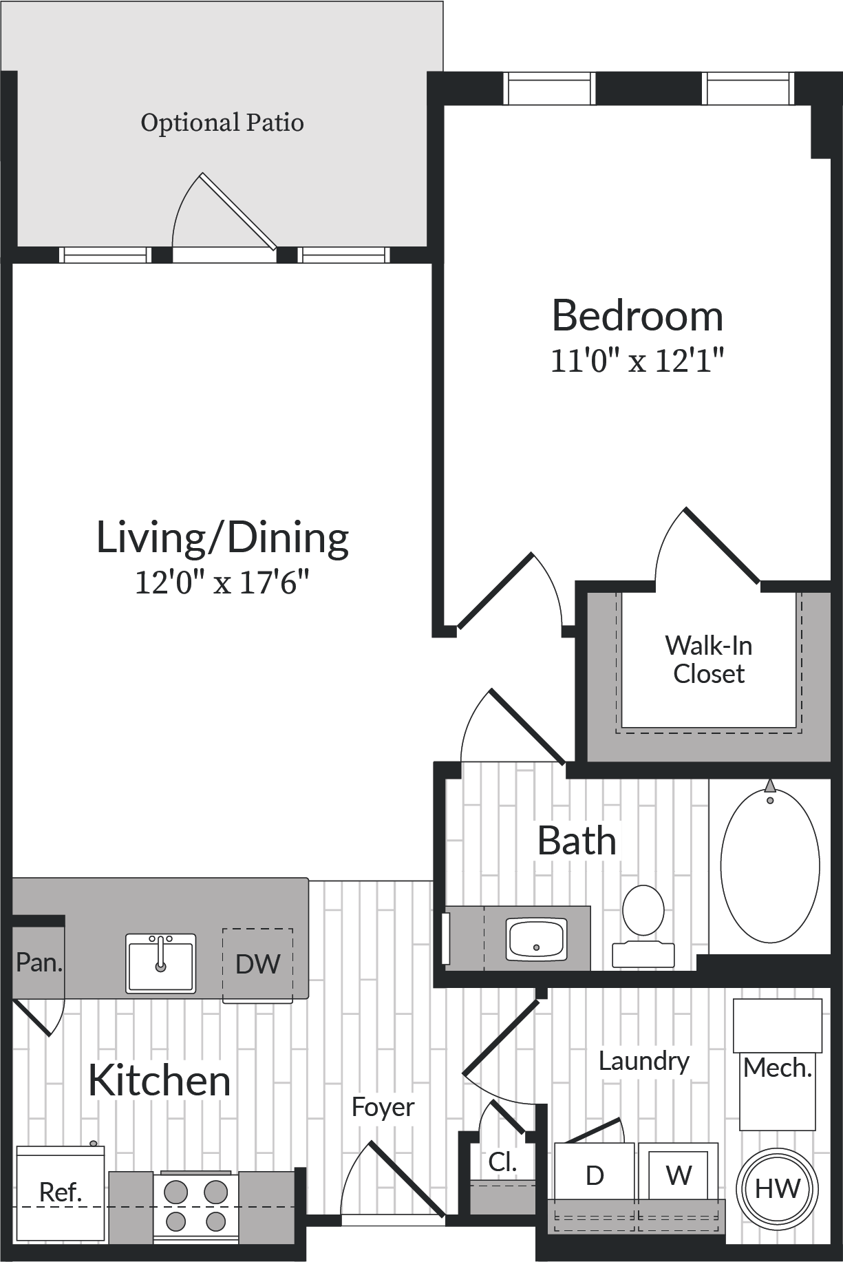 Floor plan for 1 bed, 1 bath, 718 sqft