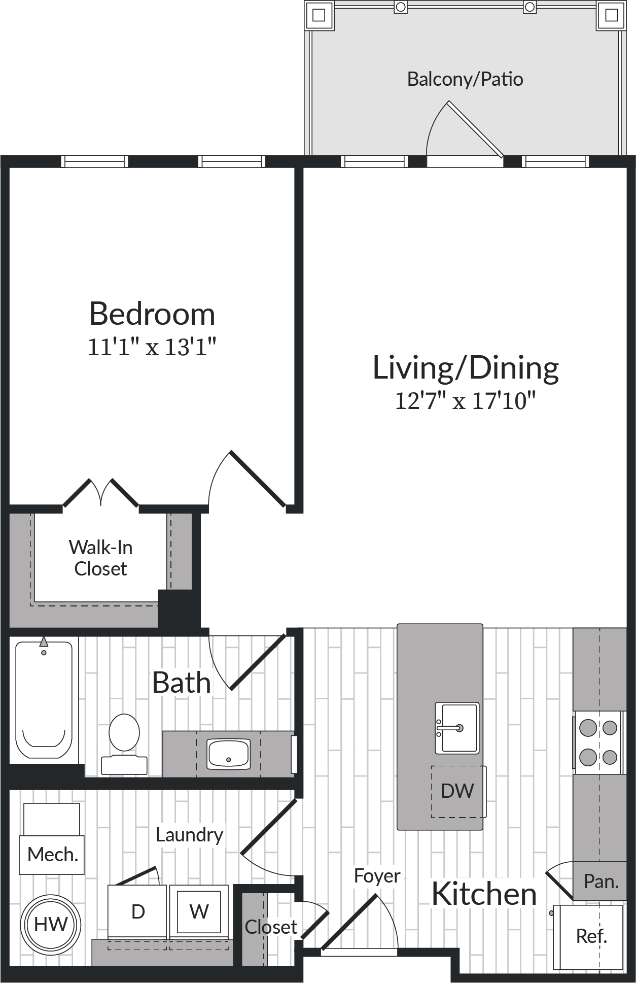 Floor plan for 1 bed, 1 bath, 786 sqft