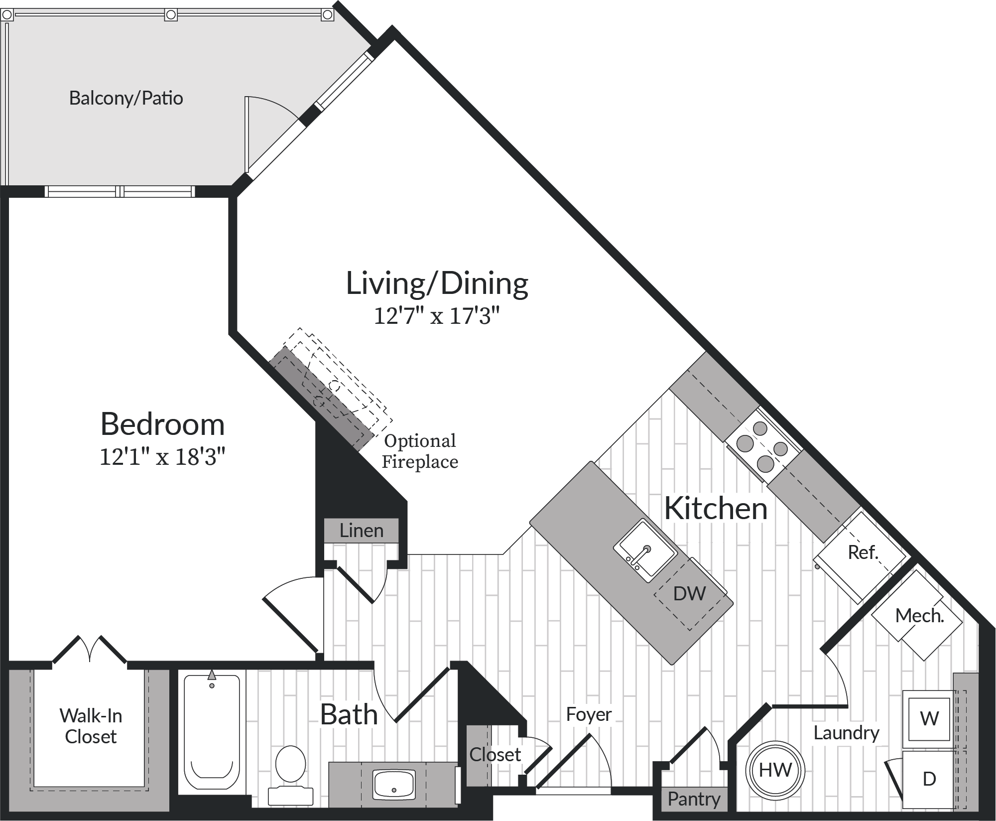 Floor plan for 1 bed, 1 bath, 866 sqft