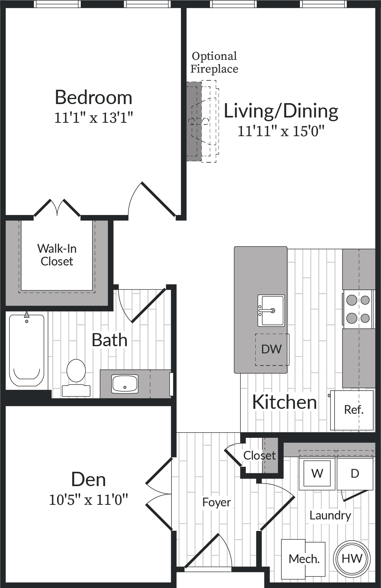 Floor plan for 1 bed, 1 bath, 881 sqft