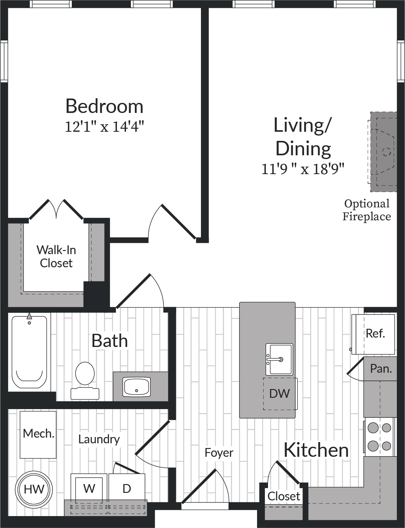 Floor plan for 1 bed, 1 bath, 827 sqft