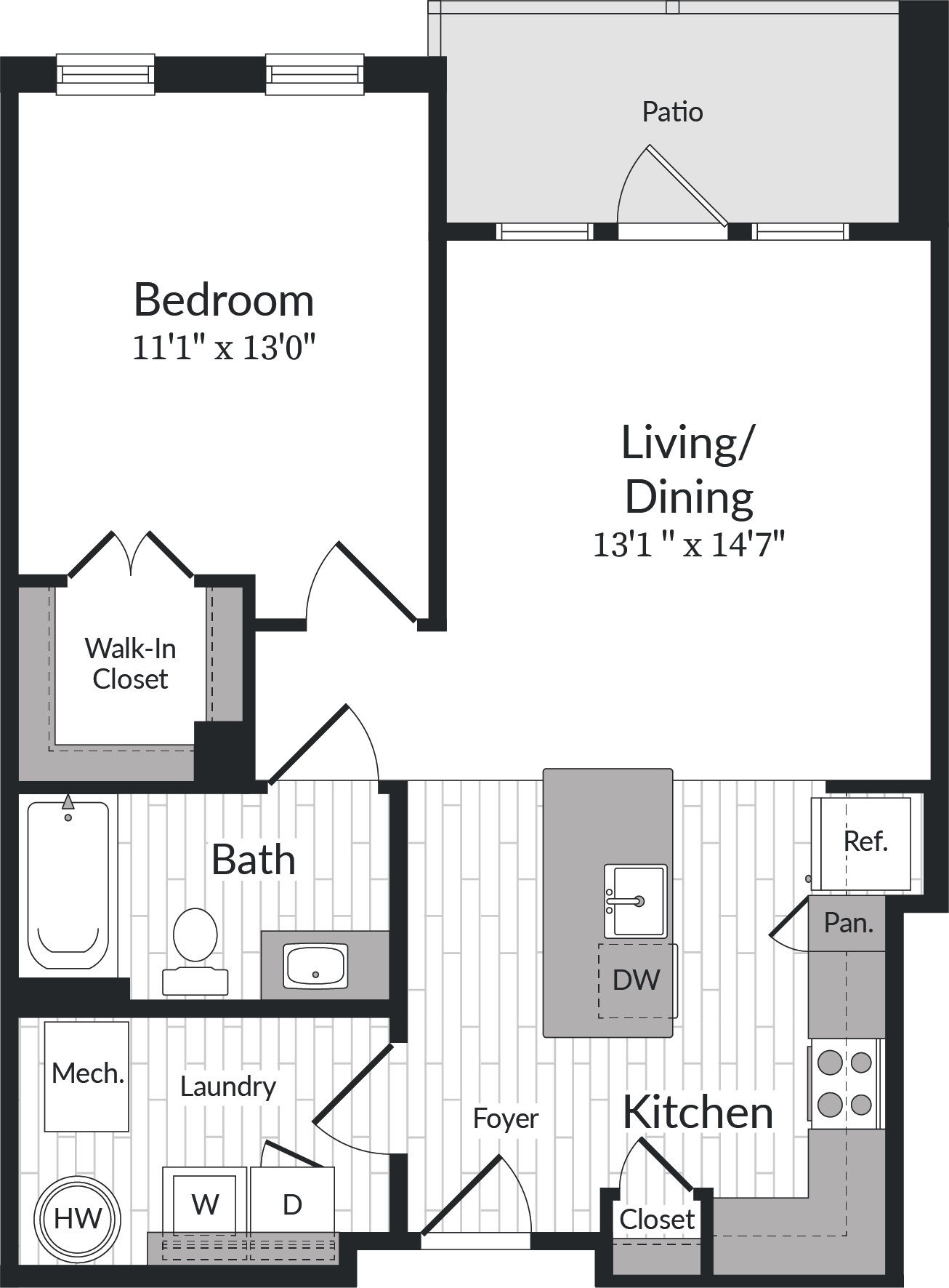 Floor plan for 1 bed, 1 bath, 835 sqft