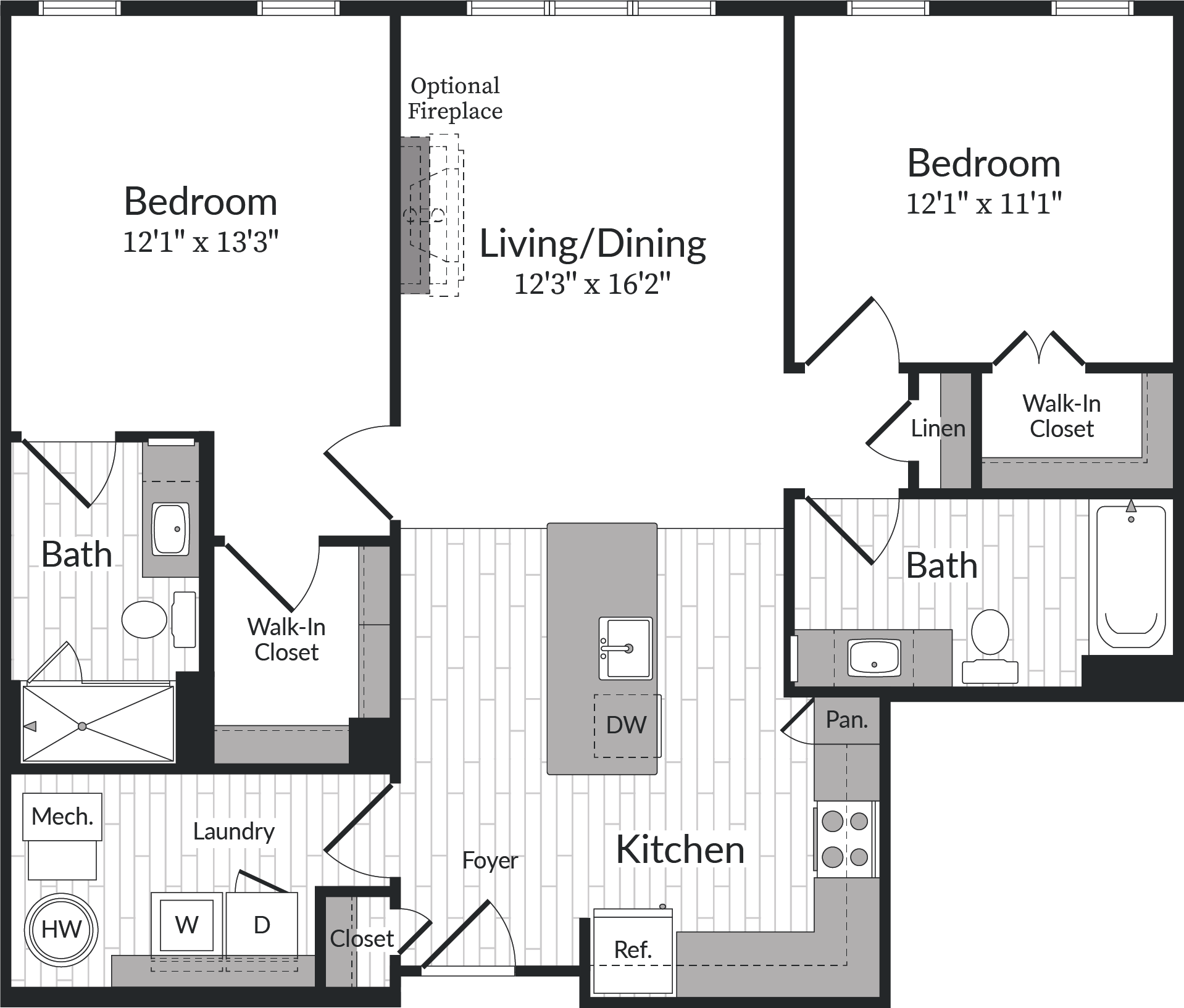 Floor plan for 2 beds, 2 baths, 1109 sqft