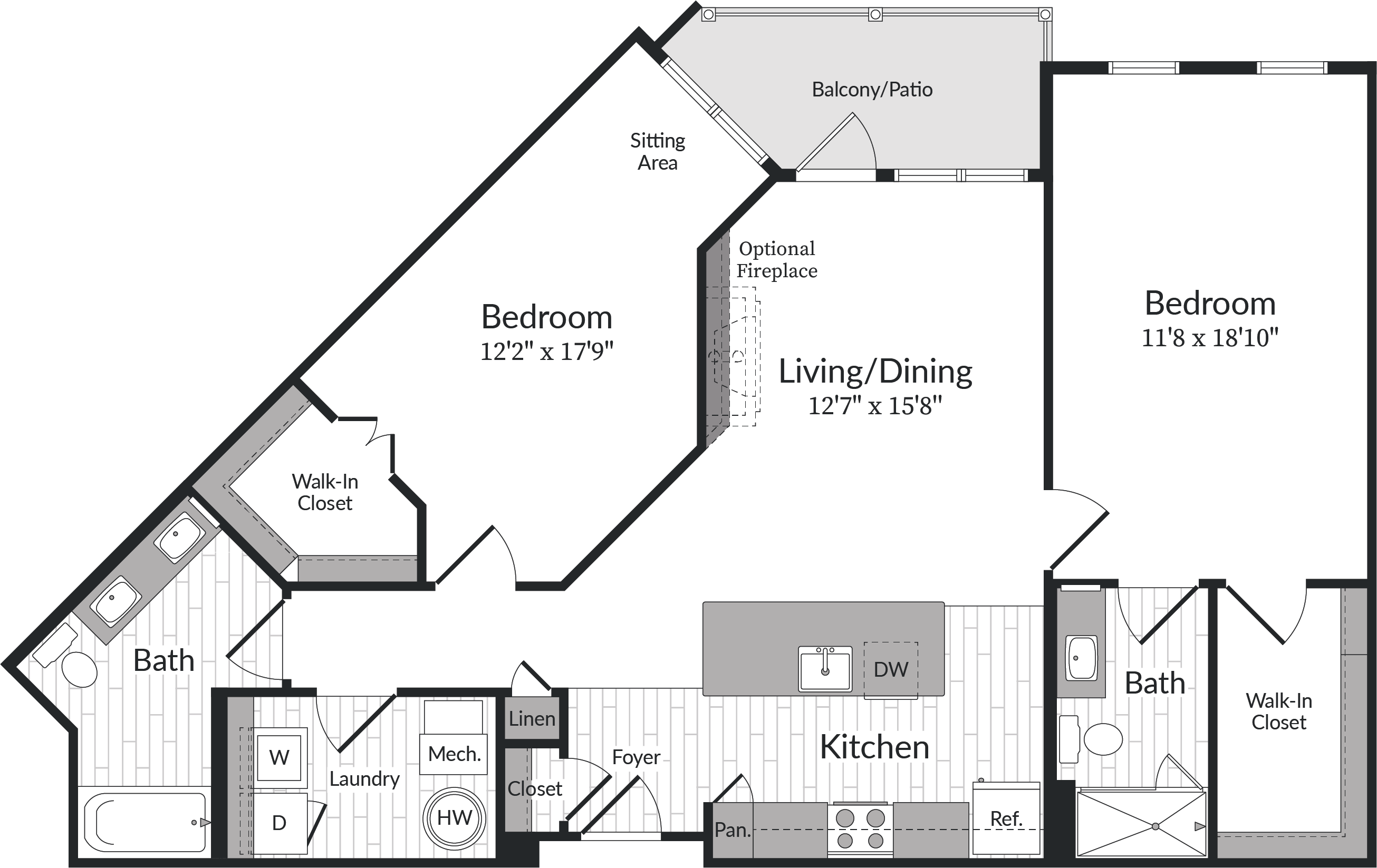 Floor plan for 2 beds, 2 baths, 1222 sqft