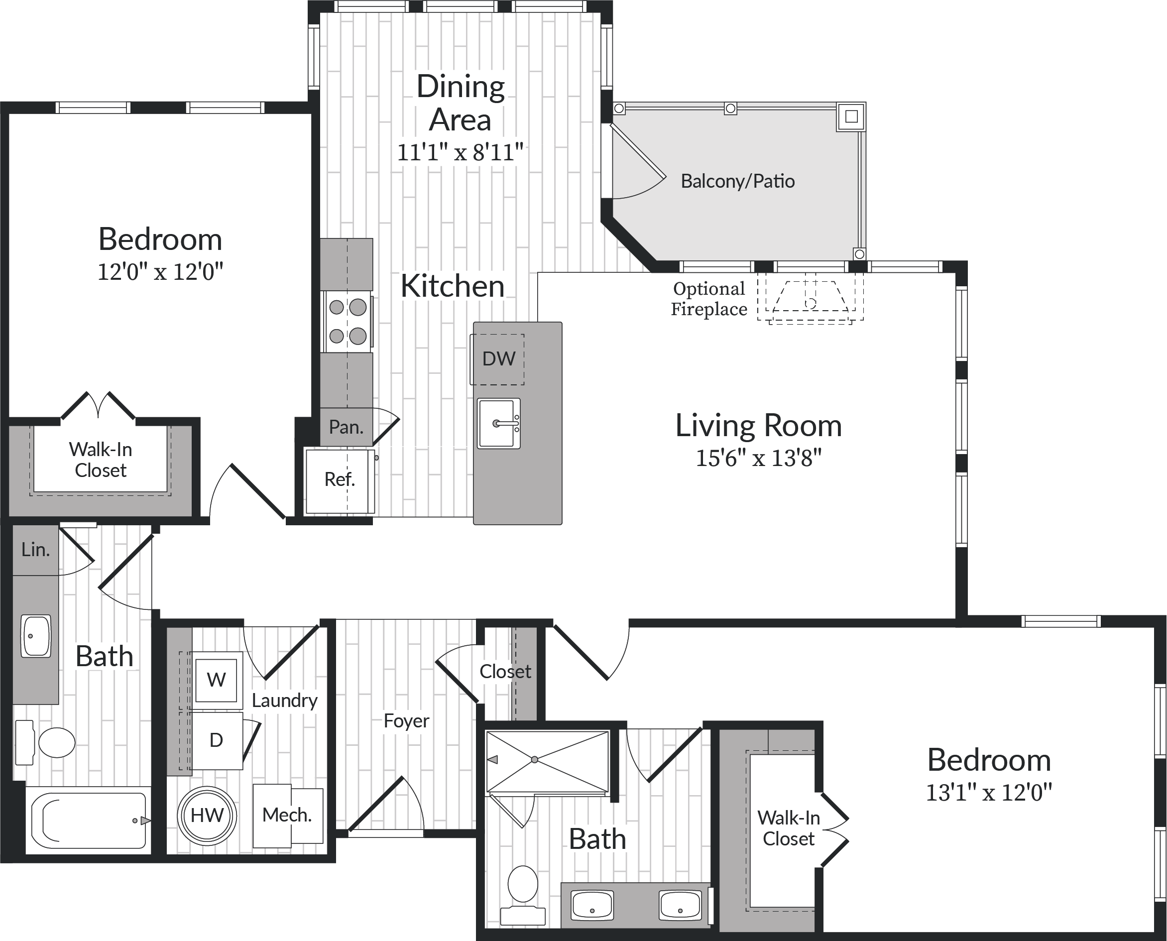 Floor plan for 2 beds, 2 baths, 1262 sqft