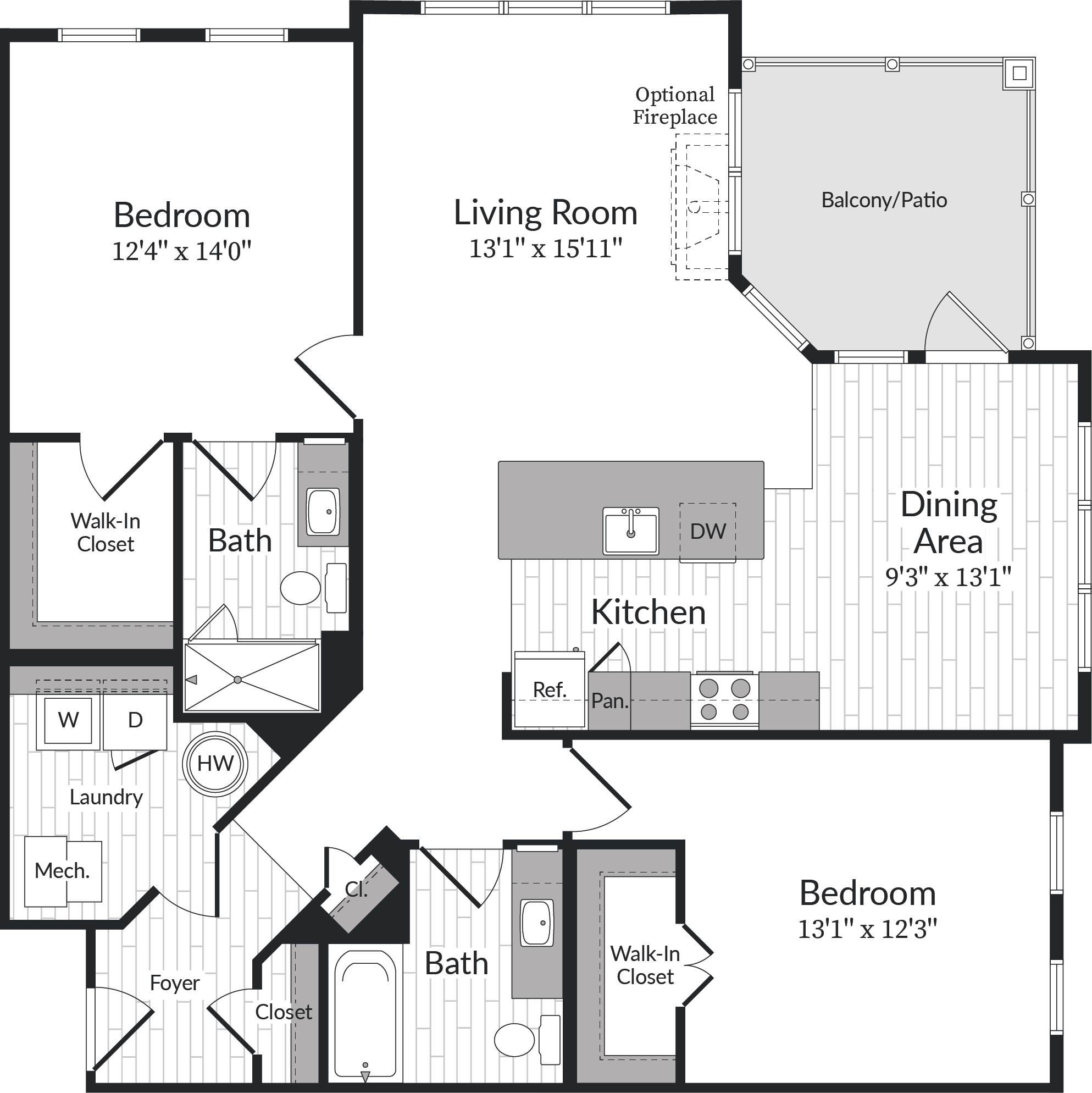 Floor plan for 2 beds, 2 baths, 1331 sqft