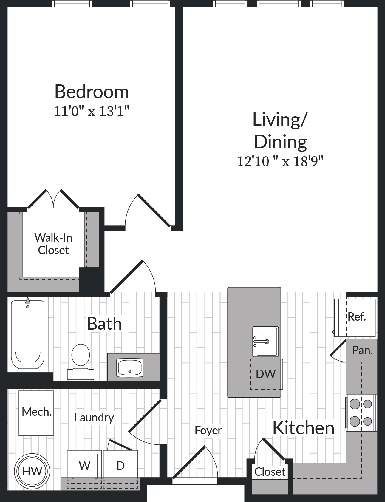 Floor plan for 1 bed, 1 bath, 814 sqft