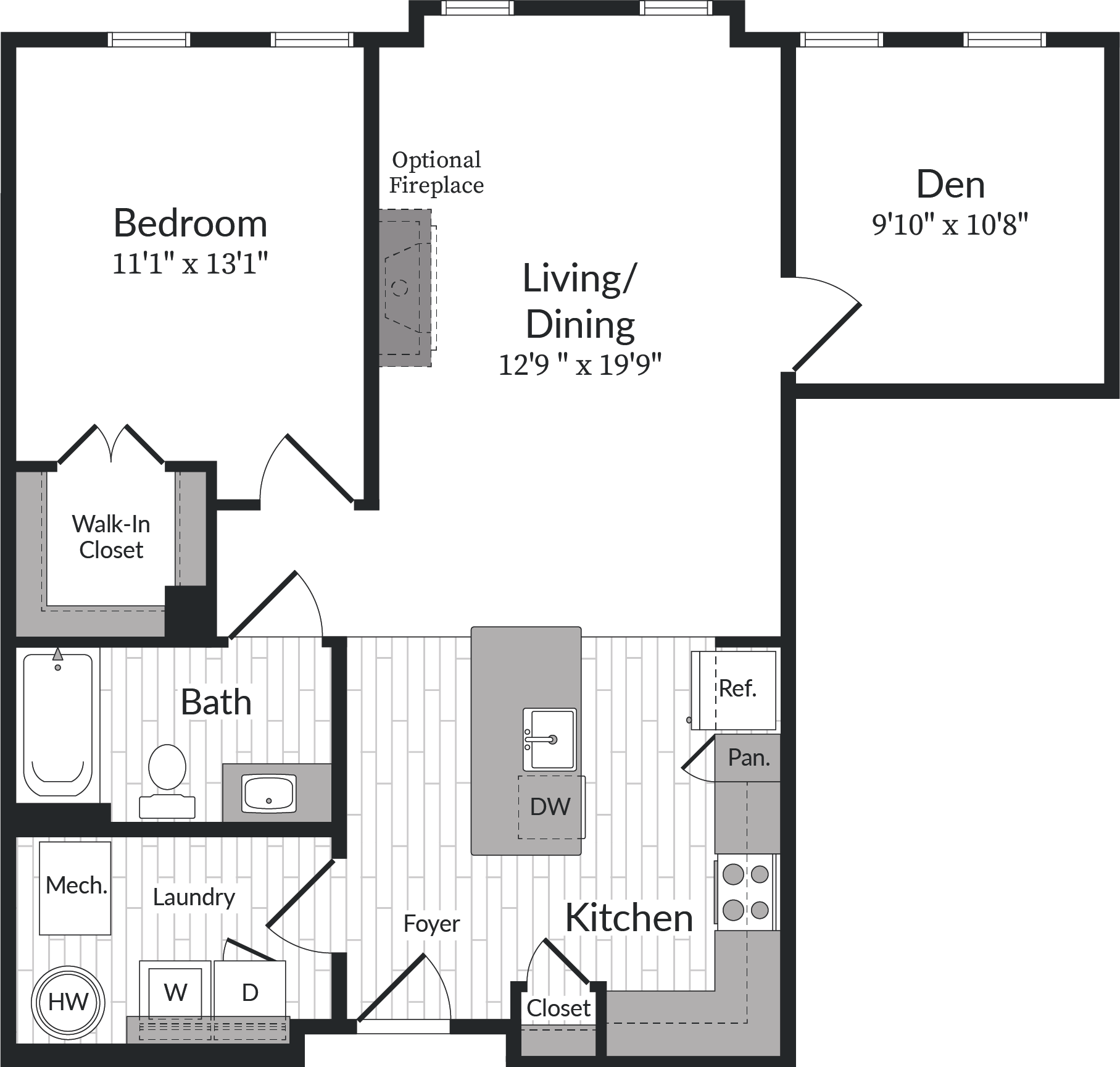 Floor plan for 1 bed, 1 bath, 932 sqft
