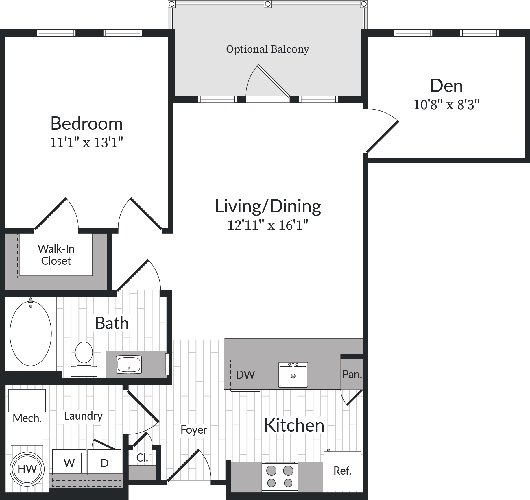 Floor plan for 1 bed, 1 bath, 852 sqft