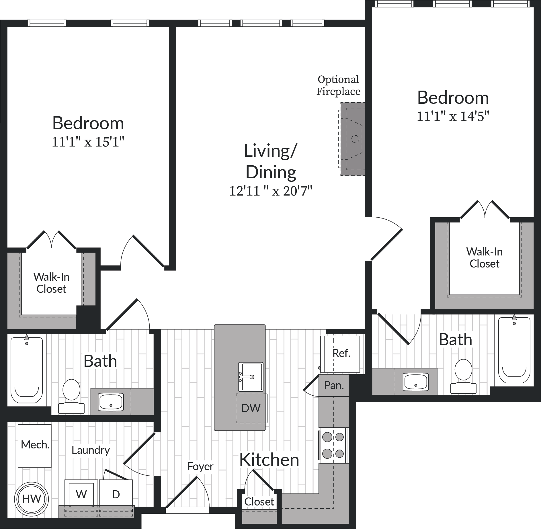Floor plan for 2 beds, 2 baths, 1178 sqft