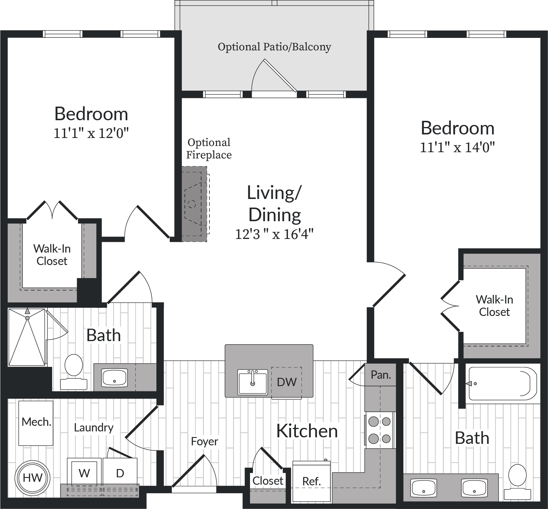 Floor plan for 2 beds, 2 baths, 1084 sqft