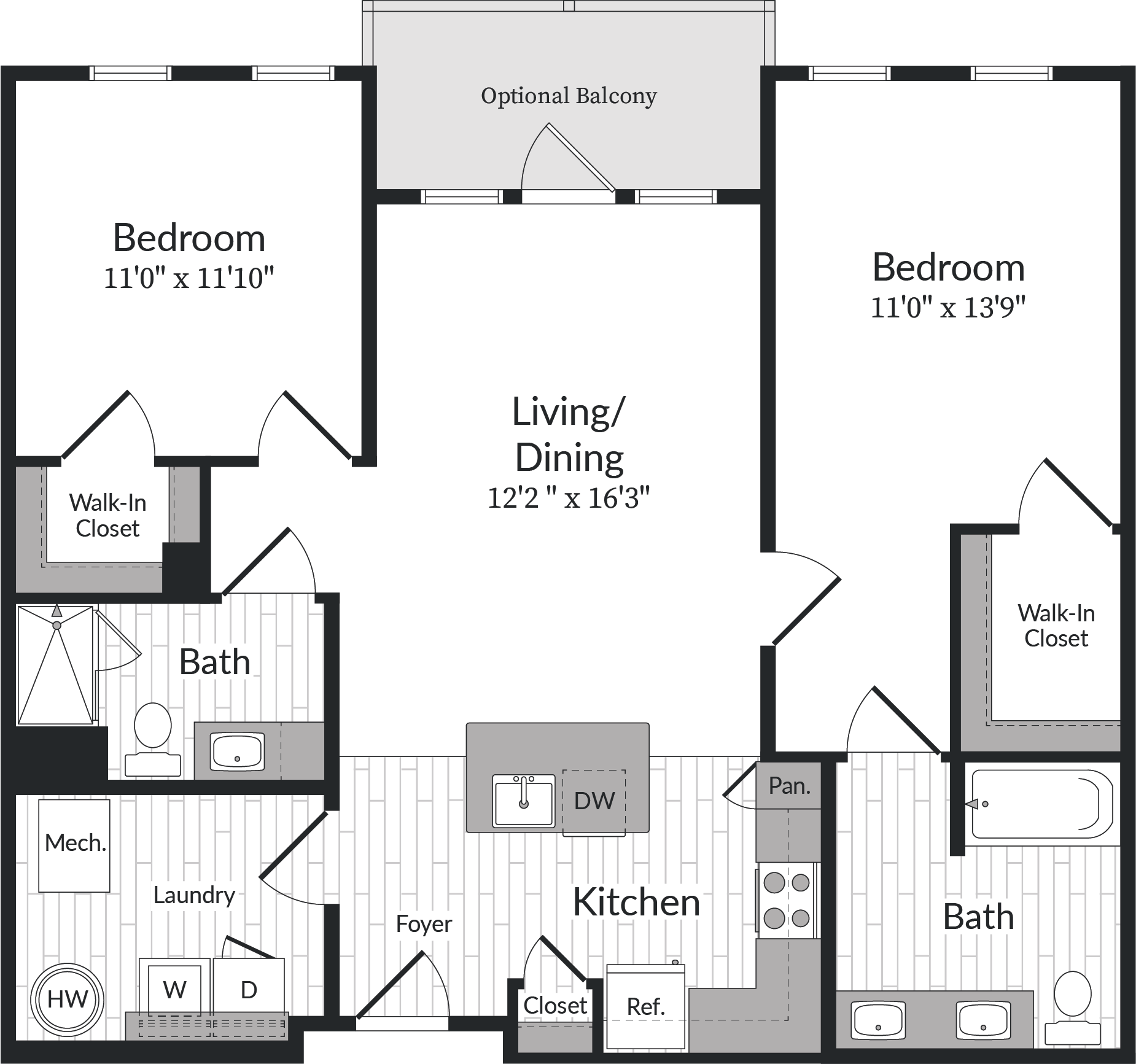 Floor plan for 2 beds, 2 baths, 1193 sqft