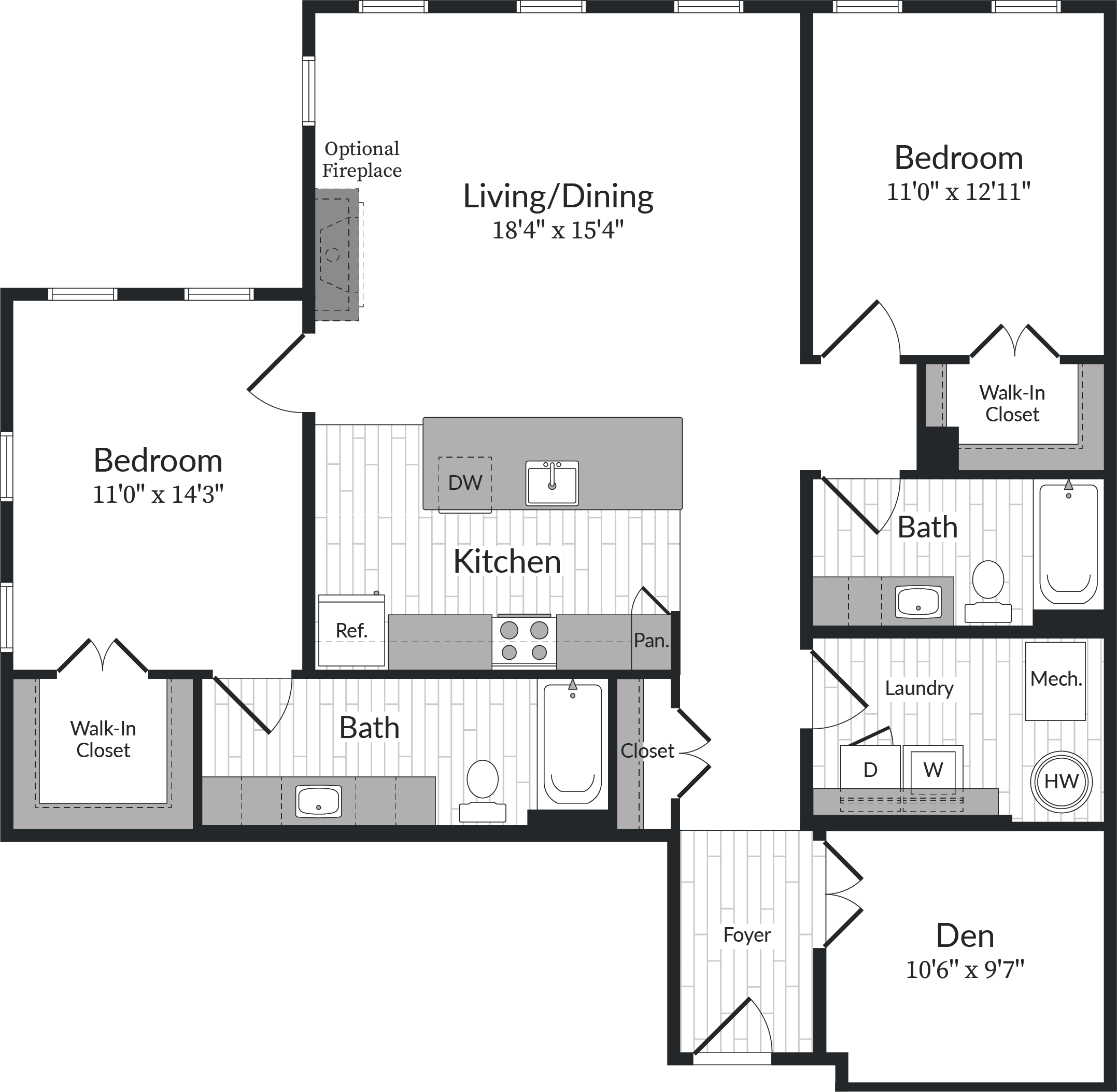 Floor plan for 2 beds, 2 baths, 1370 sqft