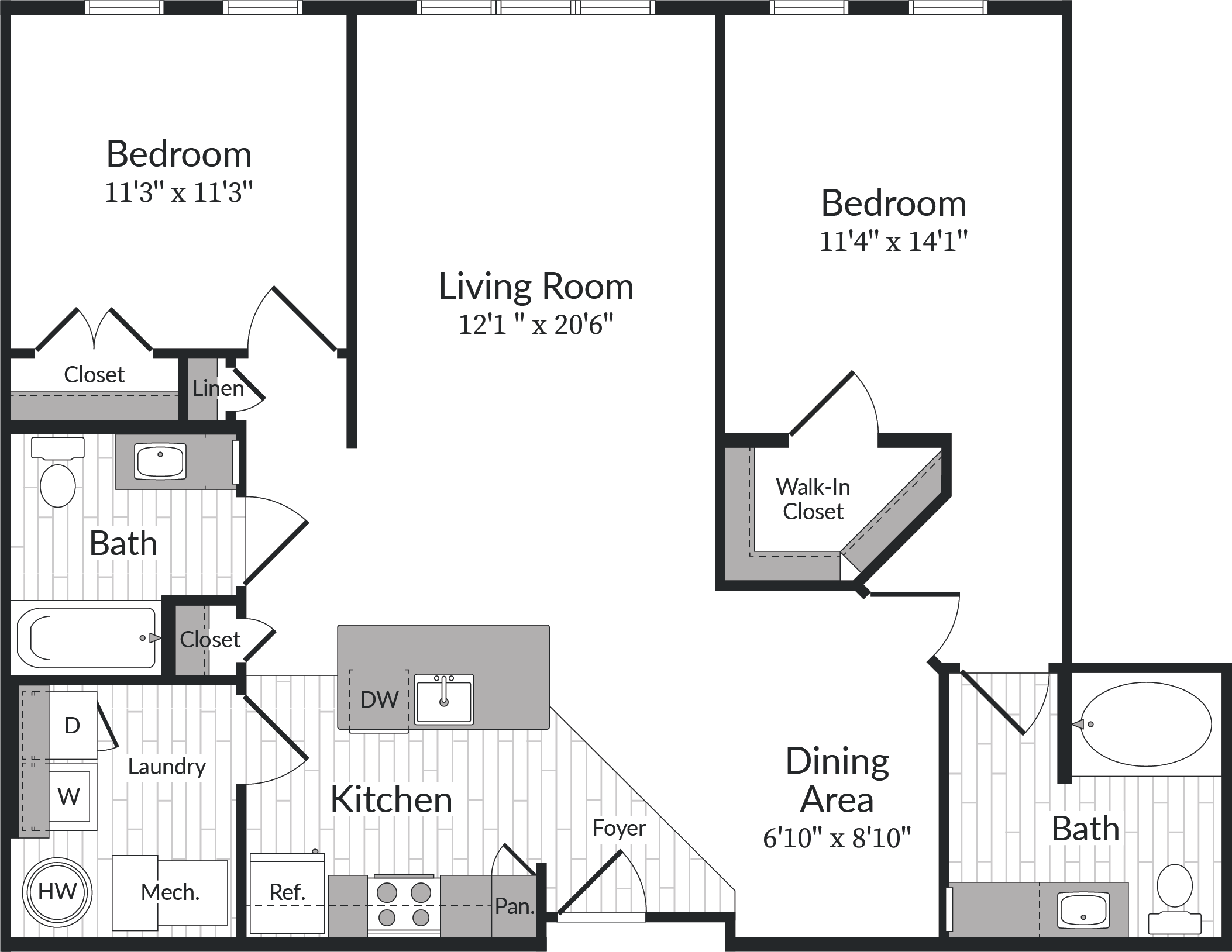 Floor plan for 2 beds, 2 baths, 1136 sqft