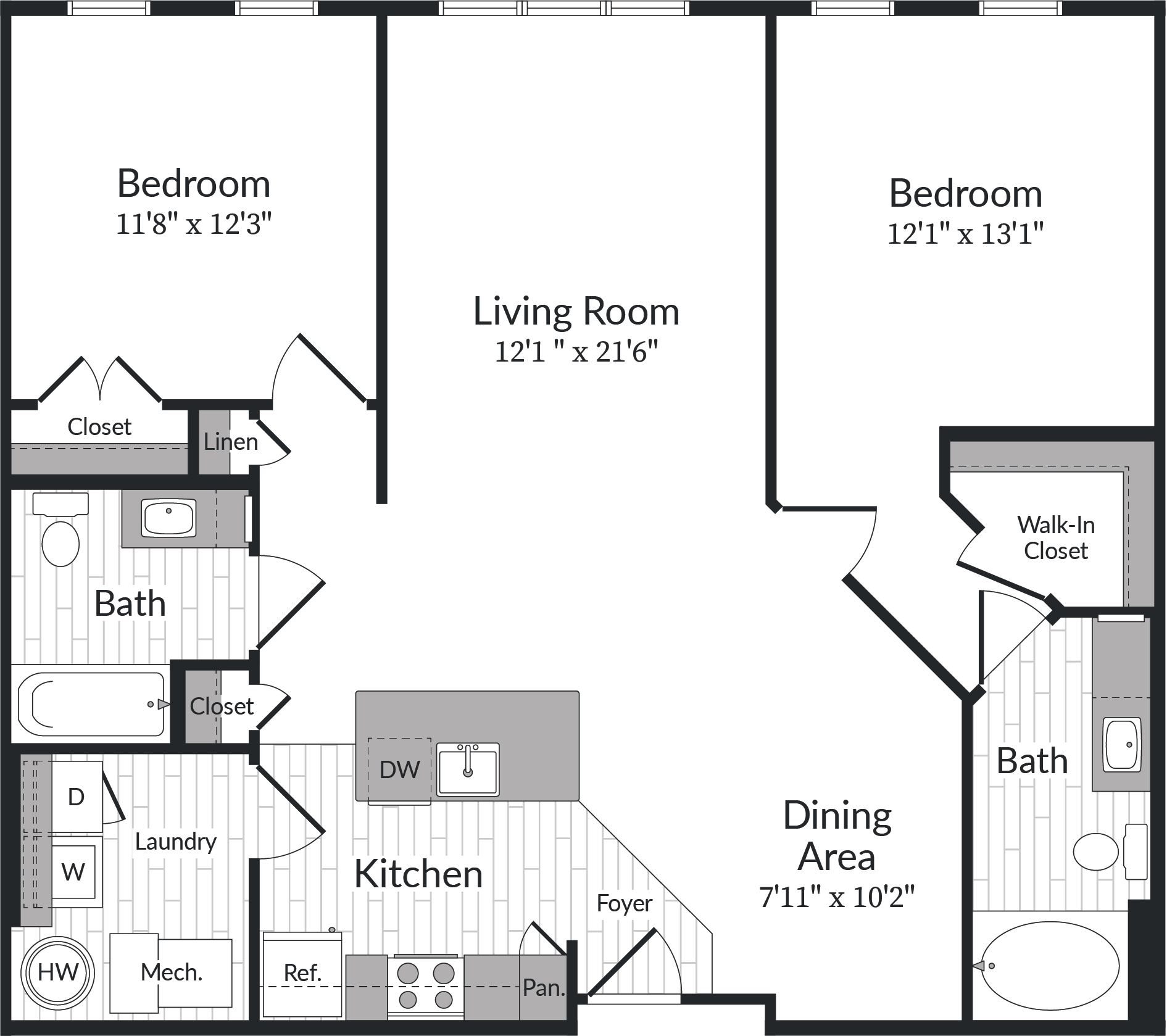 Floor plan for 2 beds, 2 baths, 1104 sqft