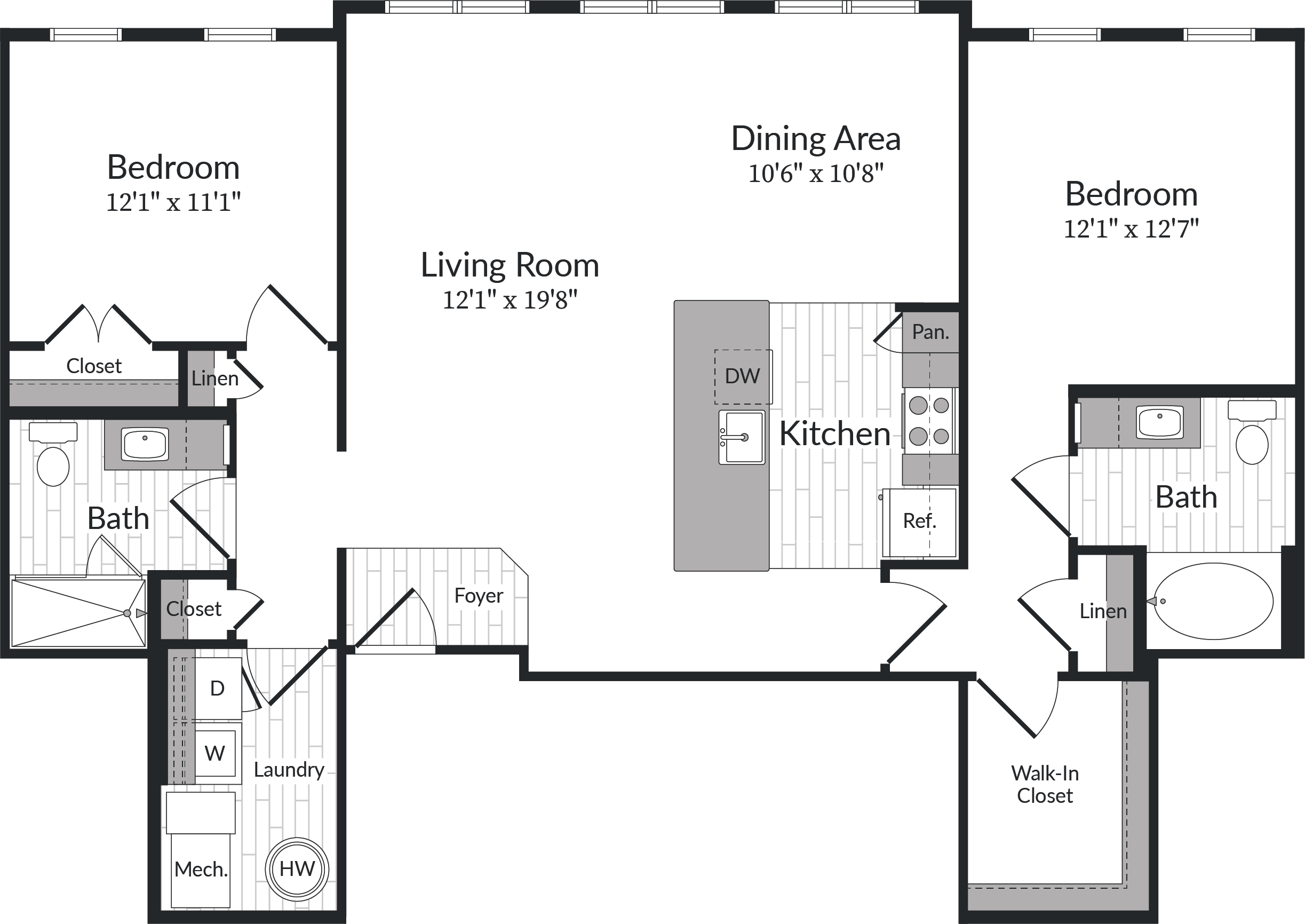 Floor plan for 2 beds, 2 baths, 1222 sqft