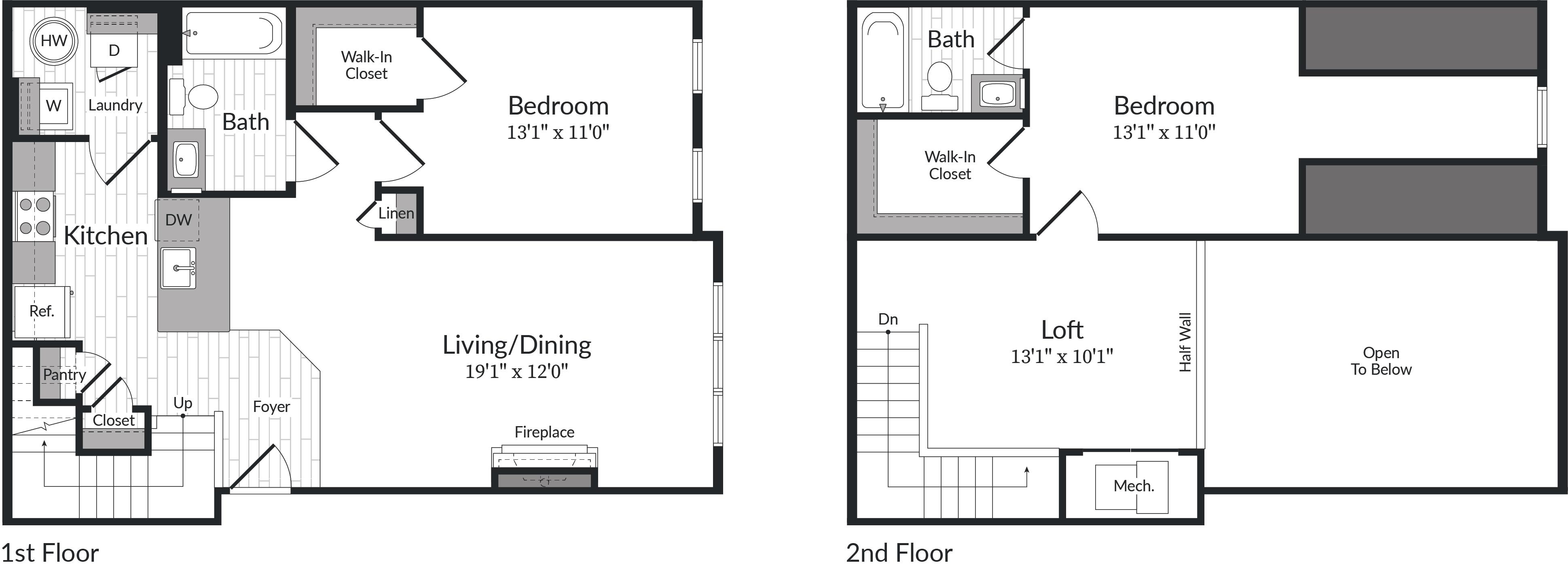 Floor plan for 2 beds, 2 baths, 1263 sqft