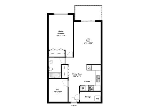 Floor plan for 1 bed, 1 bath, 788 sqft