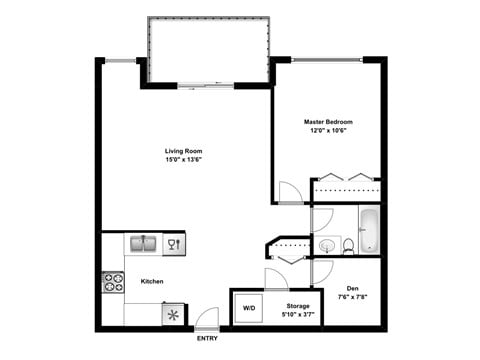 Floor plan for 1 bed, 1 bath, 743 sqft