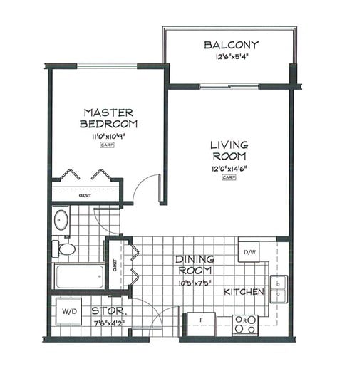 Floor plan for 1 bed, 1 bath, 628 sqft