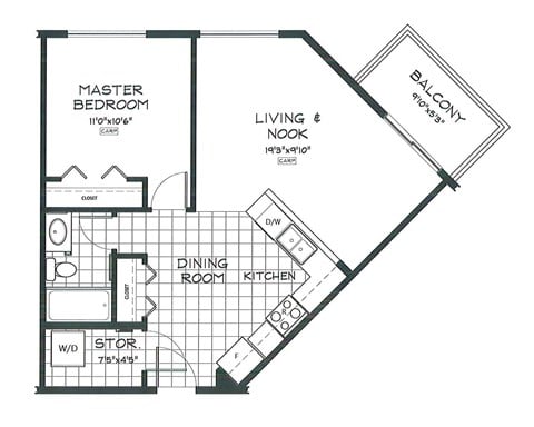 Floor plan for 1 bed, 1 bath, 650 sqft