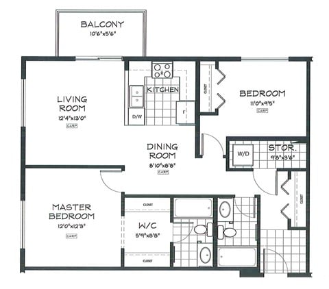 Floor plan for 2 beds, 2 baths, 947 sqft