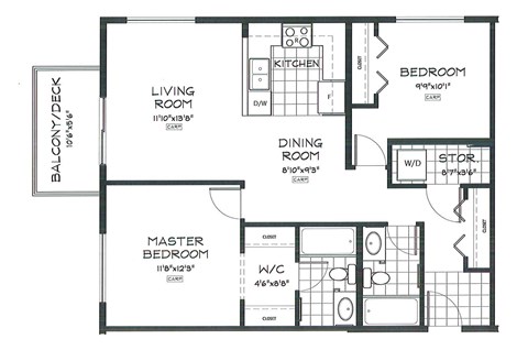 Floor plan for 2 beds, 2 baths, 926 sqft